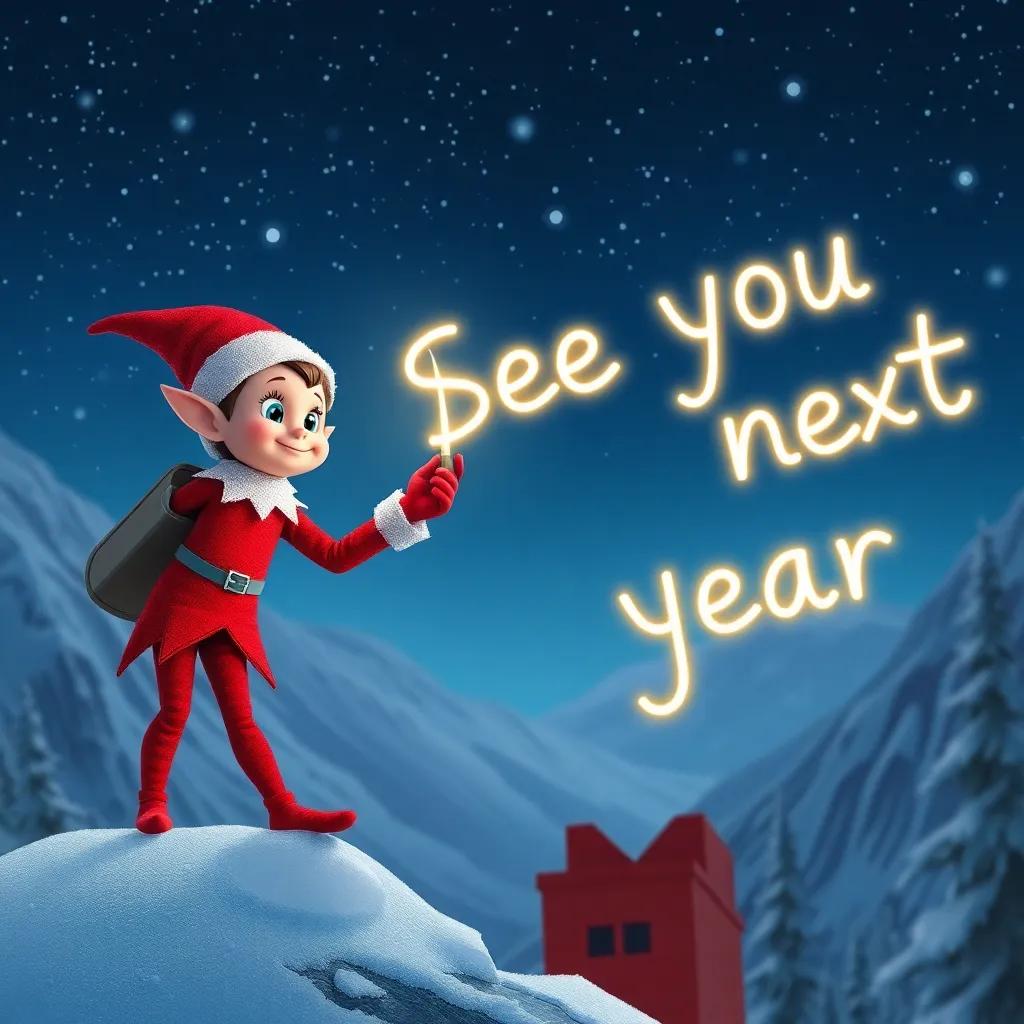 A traditional red elf on the shelf, Jingle, standing in snowy mountains, waving a magic wand writing 'See you next year' in glowing letters against the starry night sky, detailed digital art, bright colors, magical atmosphere, high quality