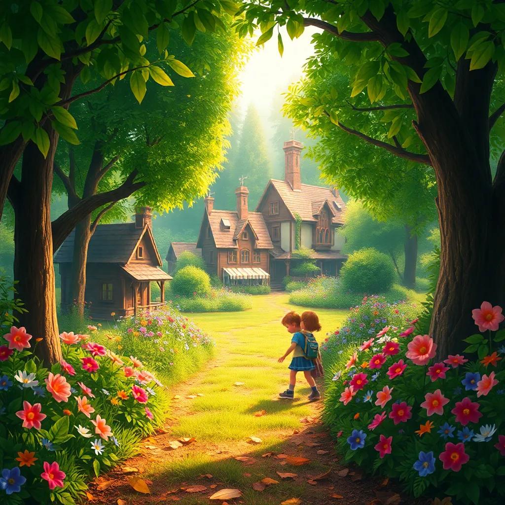 A small village surrounded by a lush green forest, with two children, Lily and Finn, exploring a hidden path decorated with colorful flowers and sparkling leaves, digital art, vibrant colors, cheerful atmosphere, high quality