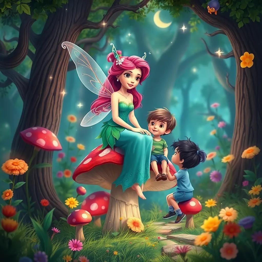 A beautiful fairy named Luna, with delicate wings and bright hair, sitting on a toadstool, welcoming two curious children in a magical forest filled with colorful plants, illustration, whimsical style, enchanting scenery, high quality