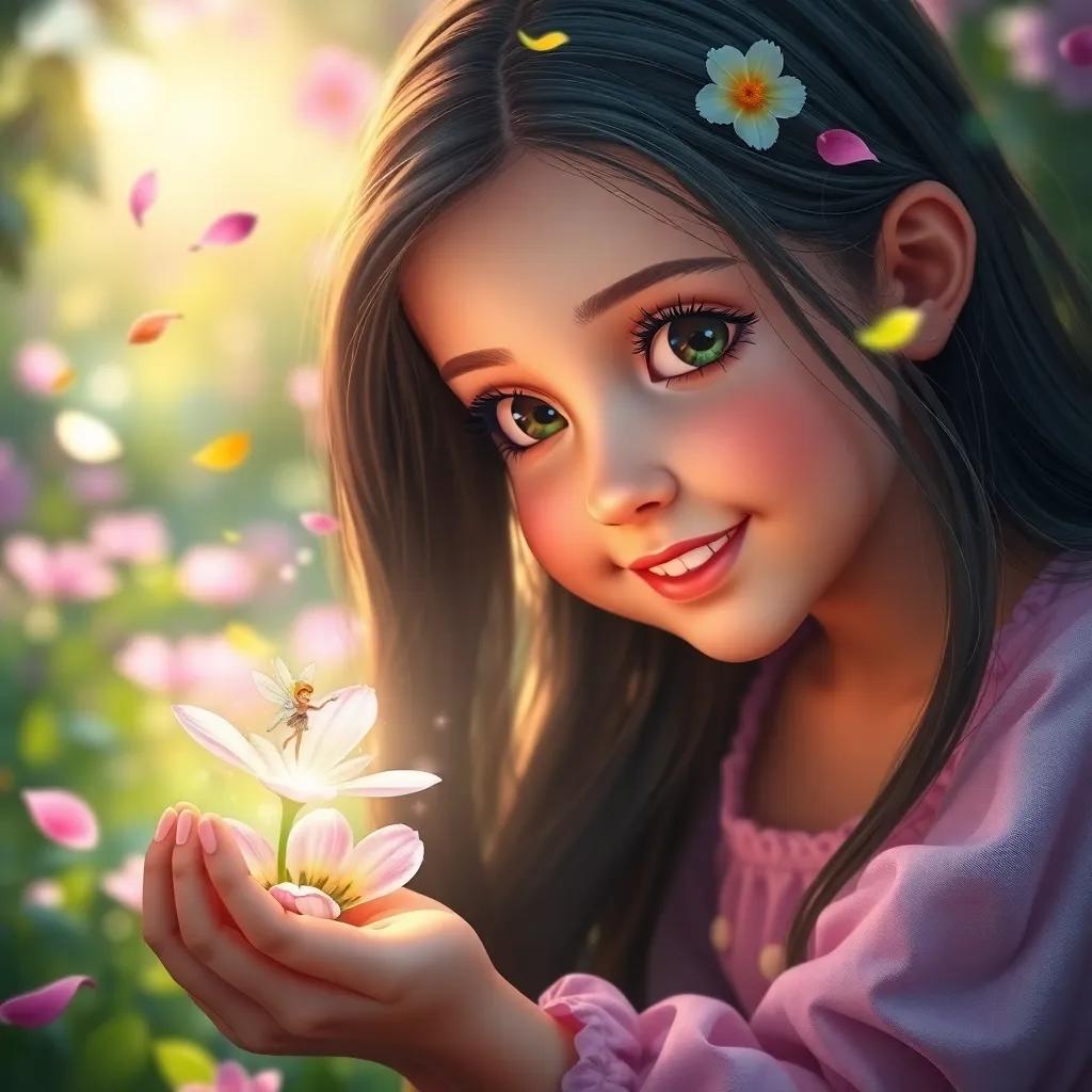 Bella, a young girl with long dark hair and bright eyes, finding a sparkling flower in a magical garden, tiny fairy appearing, colorful petals flying around, enchanting scene, bright light, cheerful mood, high quality