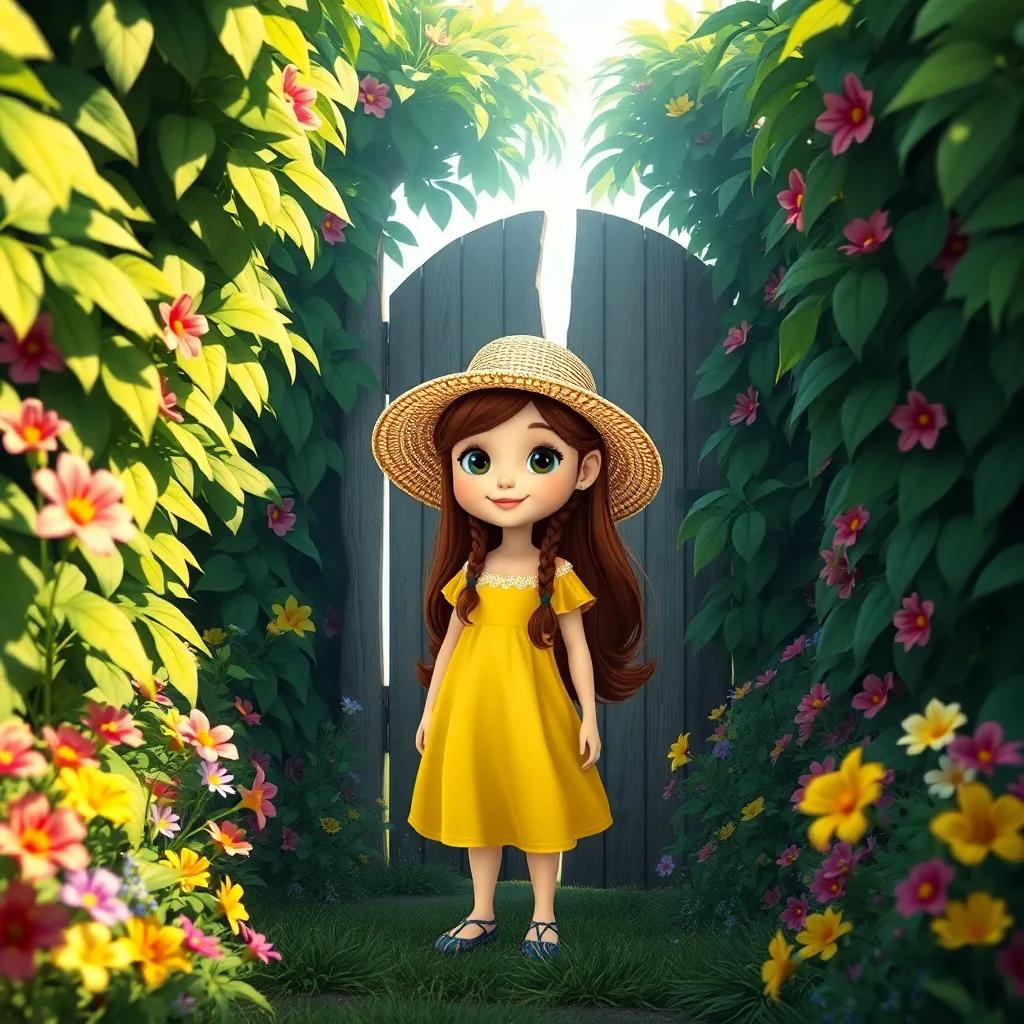 A young girl named Lily with long brown hair, wearing a bright yellow dress and a sun hat, standing in front of a hidden gate in tall bushes, magical garden surroundings, sunlight filtering through leaves, colorful flowers all around, whimsical feeling, digital art, cheerful scene, vibrant colors, high quality, 4k