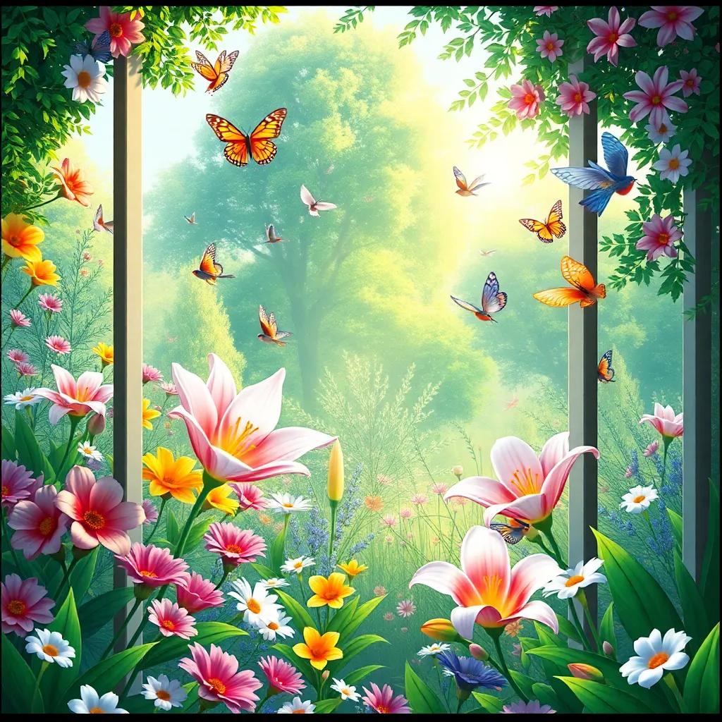 Lily opening a beautiful garden with colorful flowers and green trees, birds flying, butterflies fluttering, soft sunlight illuminating the scene, fantasy style, cheerful atmosphere, highly detailed, bright colors, 4k