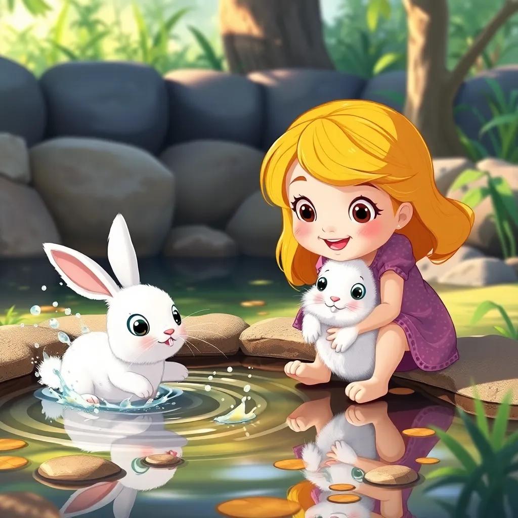 Lily, the girl, playing with a friendly rabbit named Benny, with fluffy white fur and big curious eyes, setting around the secret pond, splashing water, laughter in the air, lively scene, bright colors, cute and warm, digital illustration, high quality, 4k