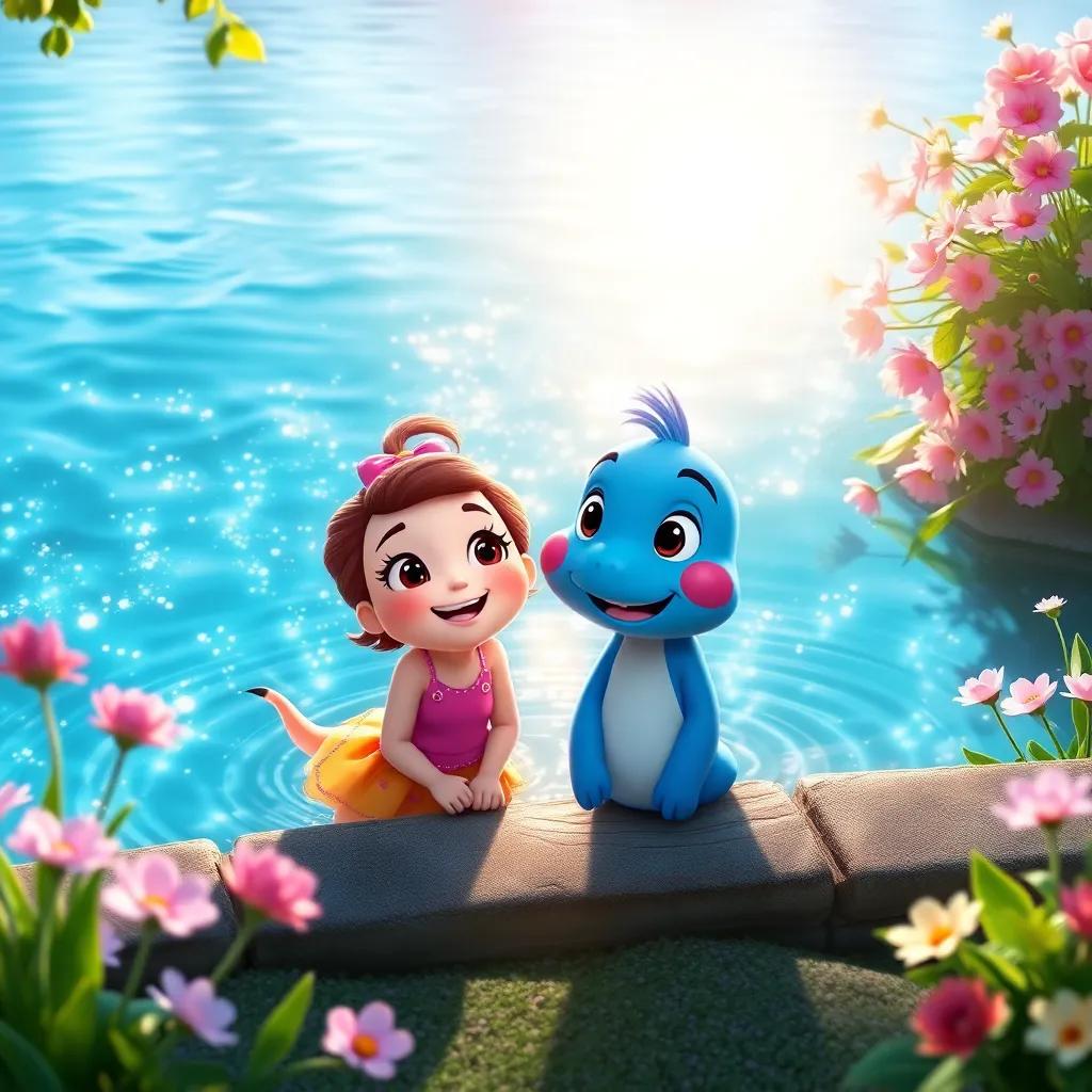 Lily and Benny by a sparkling pond, sun shining brightly on the water, soft ripples creating a magical effect, surrounded by blooming flowers and lush greenery, cheerful atmosphere, highly detailed, vibrant colors, 4k