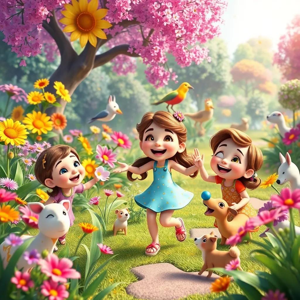 Lily and her friends playing in the magical garden, laughter and happiness on their faces, colorful flowers, trees, and animals joining in the fun, joyful scene, bright and lively, digital art, high quality, 4k