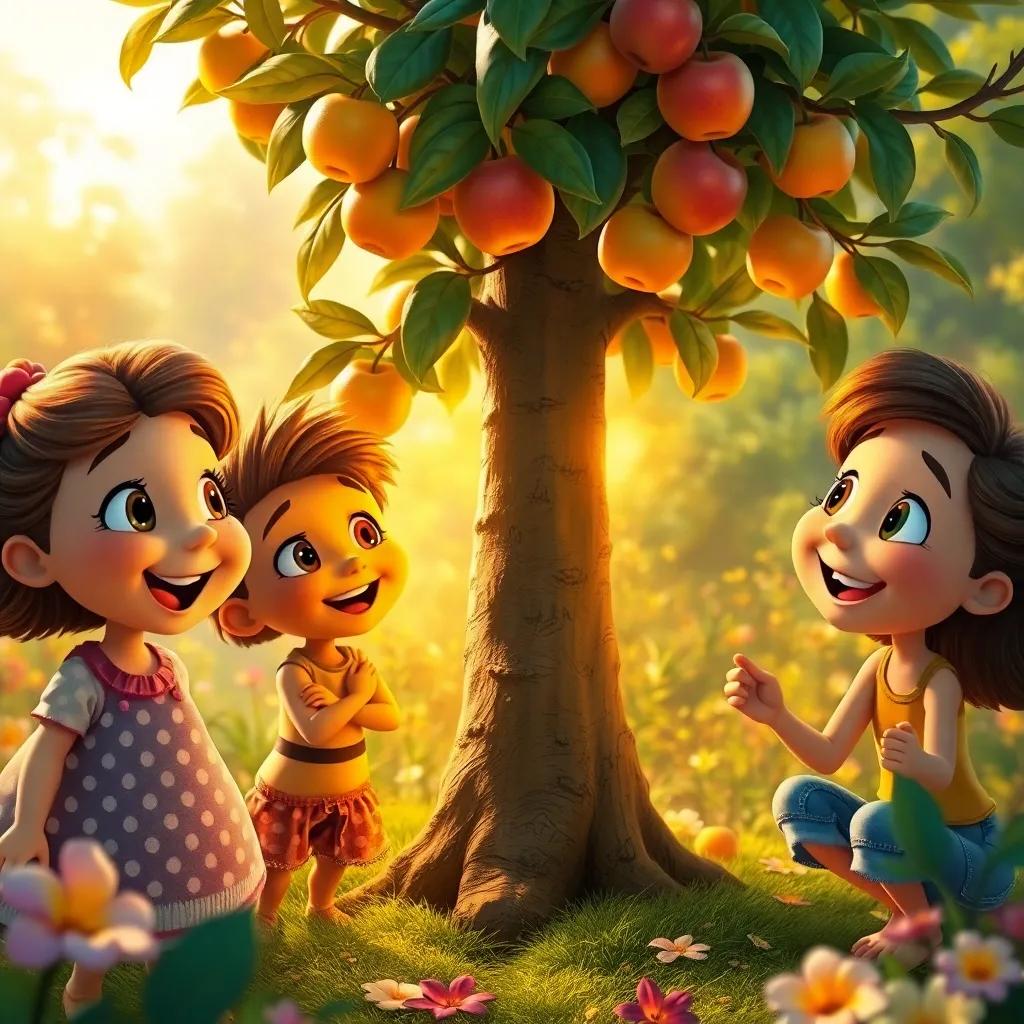 The friends discovering a tree with golden apples, the apples glowing under the sun, excitement and wonder on their faces, surrounded by a magical garden, whimsical atmosphere, highly detailed, vibrant colors, 4k