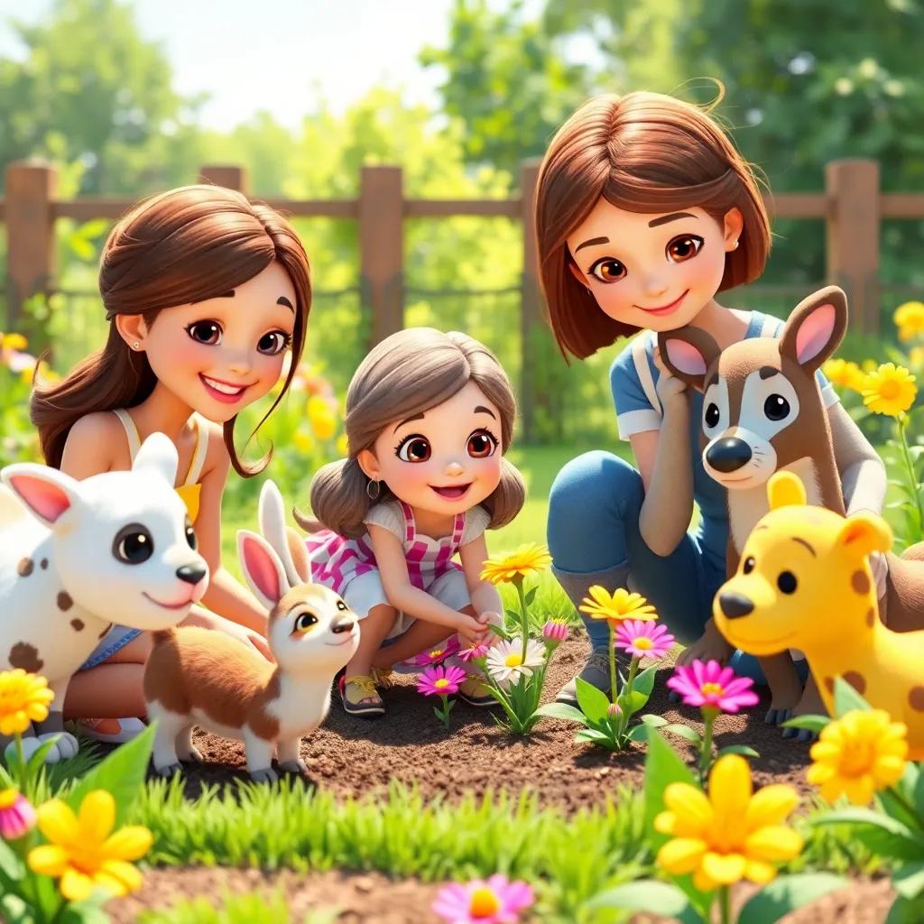 Lily and her friends helping animals in the garden, planting flowers together, happy expressions, bright sunny day, feeling of teamwork and love, cheerful scene, high quality, 4k