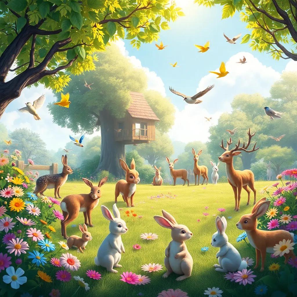 The magical garden with various animals living happily together, birds chirping, rabbits, and deer playing, beautiful scenery of flowers and trees, warm sunlight, uplifting atmosphere, detailed illustration, 4k