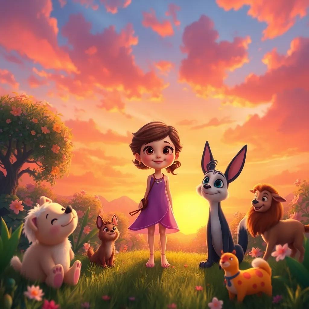 Lily and her friends enjoying a sunset in the magical garden, feeling of peace and joy, colorful sky with hues of orange and pink, animals gathered around, magical feeling, digital painting, high quality, 4k