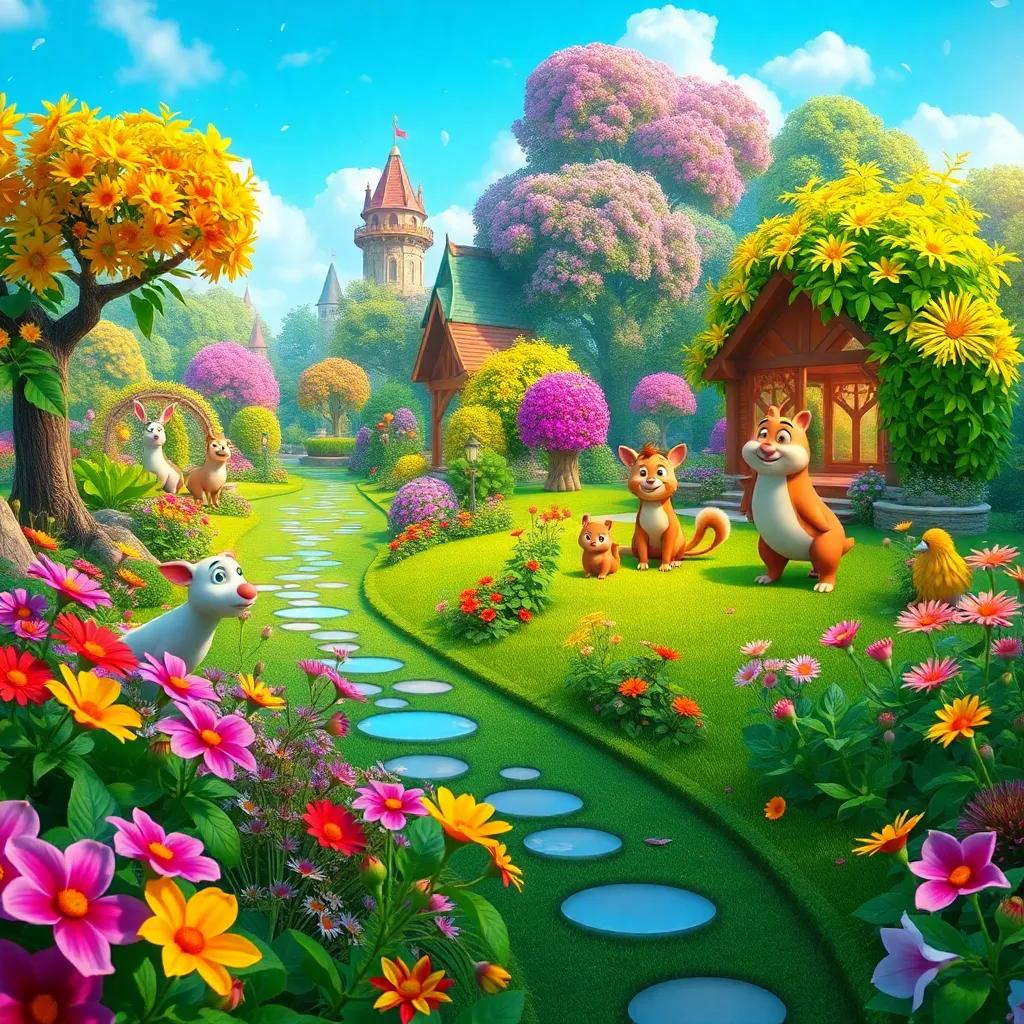 A beautiful panoramic shot of the magical garden, showing lush greenery, vibrant flowers, and joyful animals, conveying the magic of nature and friendship, enchanting scene, vivid colors, high quality, 4k