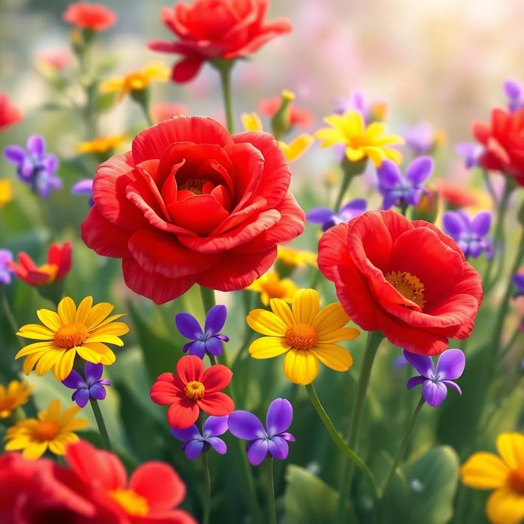 A close-up of flowers in the garden: red roses, yellow daisies, and purple violets swaying in the breeze, laughter seems to echo from them, magical sparkles around, whimsical illustration, inviting scene, vivid colors, high quality