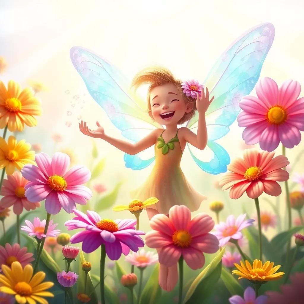Bella the flower fairy joyfully sprinkling fairy dust over her flower friends, flowers opening wide in joy, sunlit background, colorful and bright, enchanting digital painting, uplifting imagery, high quality