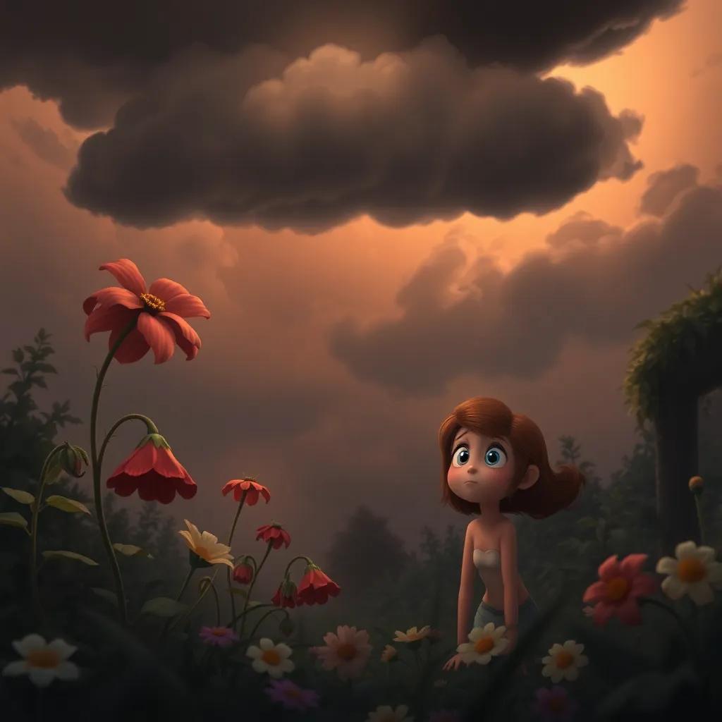 A dark cloud looming over the garden, flowers drooping sadly, Bella looking worried, a feeling of gloom hanging in the air, detailed art, subdued colors and moody atmosphere, high quality