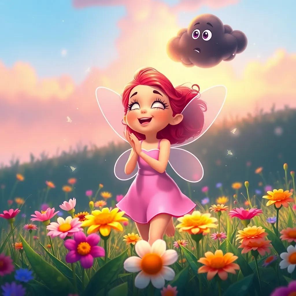 Bella gathering flowers, leading them in a circle, singing joyously with a determined look, fairy dust sparkling in the air, dark cloud looking curious, vibrant digital scene, hopeful atmosphere, high quality