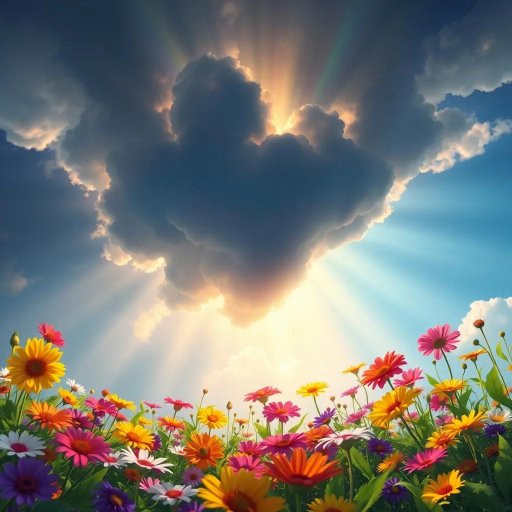 The dark cloud beginning to swirl with colors as the flowers sing, sunny beams breaking through, the flowers looking vibrant, filled with joy, dynamic digital art, bright colors, uplifting perspective, high quality