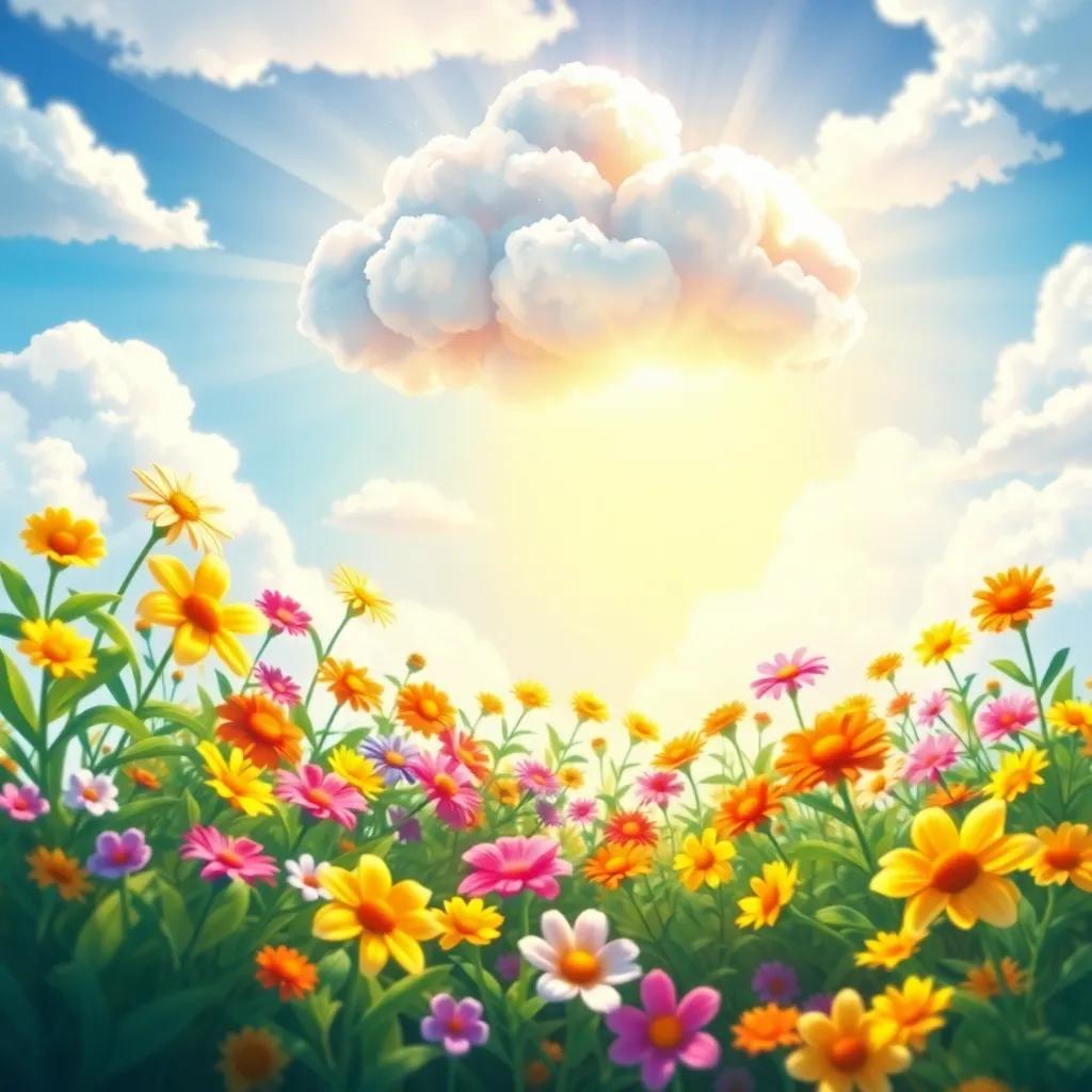 The cloud bursting in light, showering the garden with sunshine, flowers blooming in bright colors, a colorful joyfulness filling the scene, lively and happy illustration, vivid colors, high quality