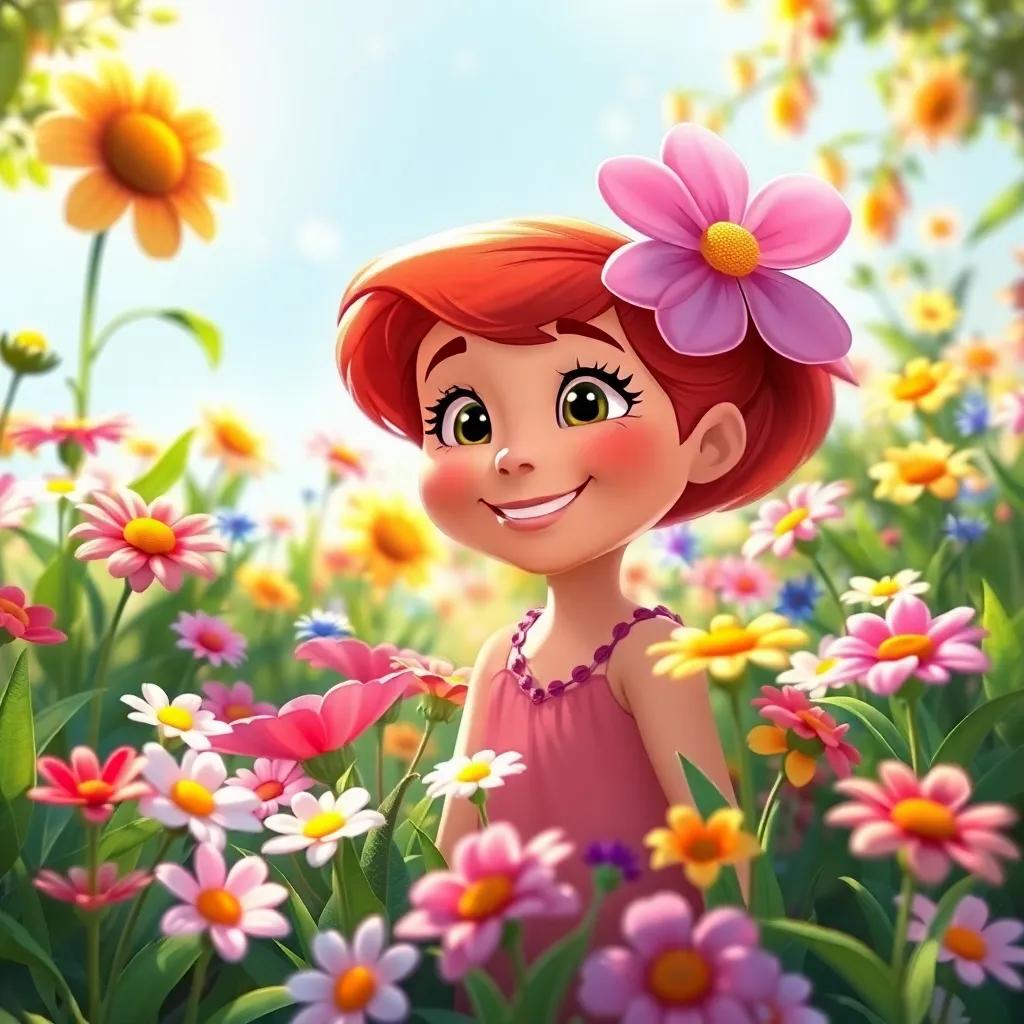 The magical garden of flowers thriving, Bella smiling amongst her friends, flowers of all colors shining in the sunlight, a feeling of warmth and friendship, heartwarming image, vibrant and inviting scene, high quality