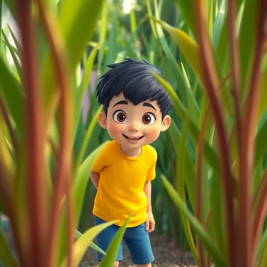 A young boy named Jake, with short black hair, wearing a bright yellow t-shirt and blue shorts, looking excited as he peers through tall green bushes in his backyard, digital art, vibrant colors, cheerful atmosphere
