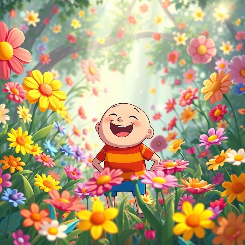 A magical garden filled with flowers of every color, all laughing and dancing in the light, with Jake in the middle, laughing along with them, illustration, fantastical, bright and inviting