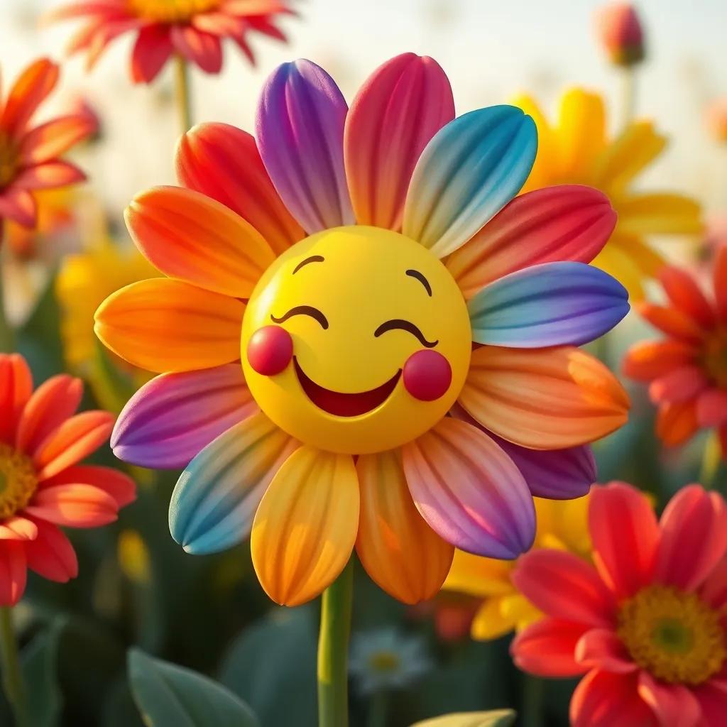 A close-up of a colorful flower with faces and petals shaking in laughter, surrounded by other giggling flowers, warm light, cheerful setting, whimsical