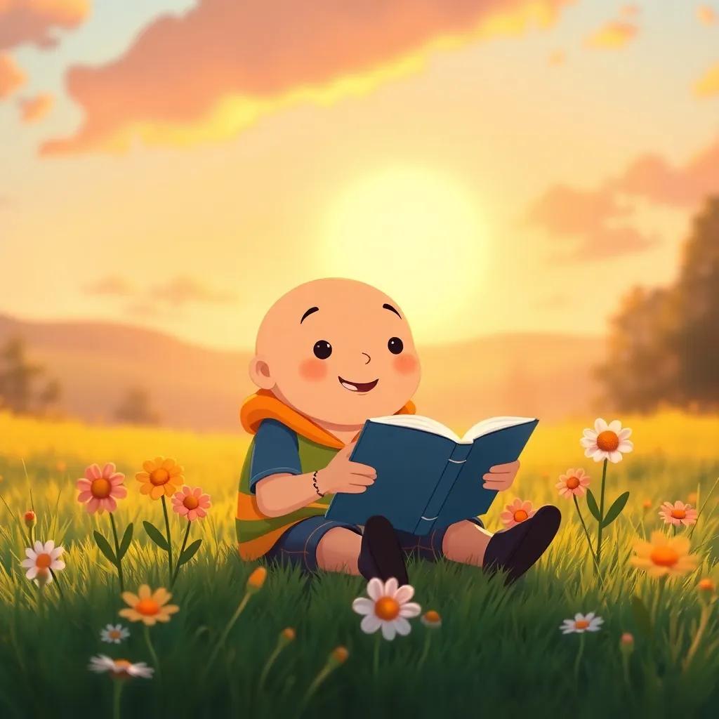 Jake sitting on the grass, animatedly sharing a story with the flowers, with a backdrop of a bright sunset, creating a cozy and warm atmosphere, child-friendly, illustrative