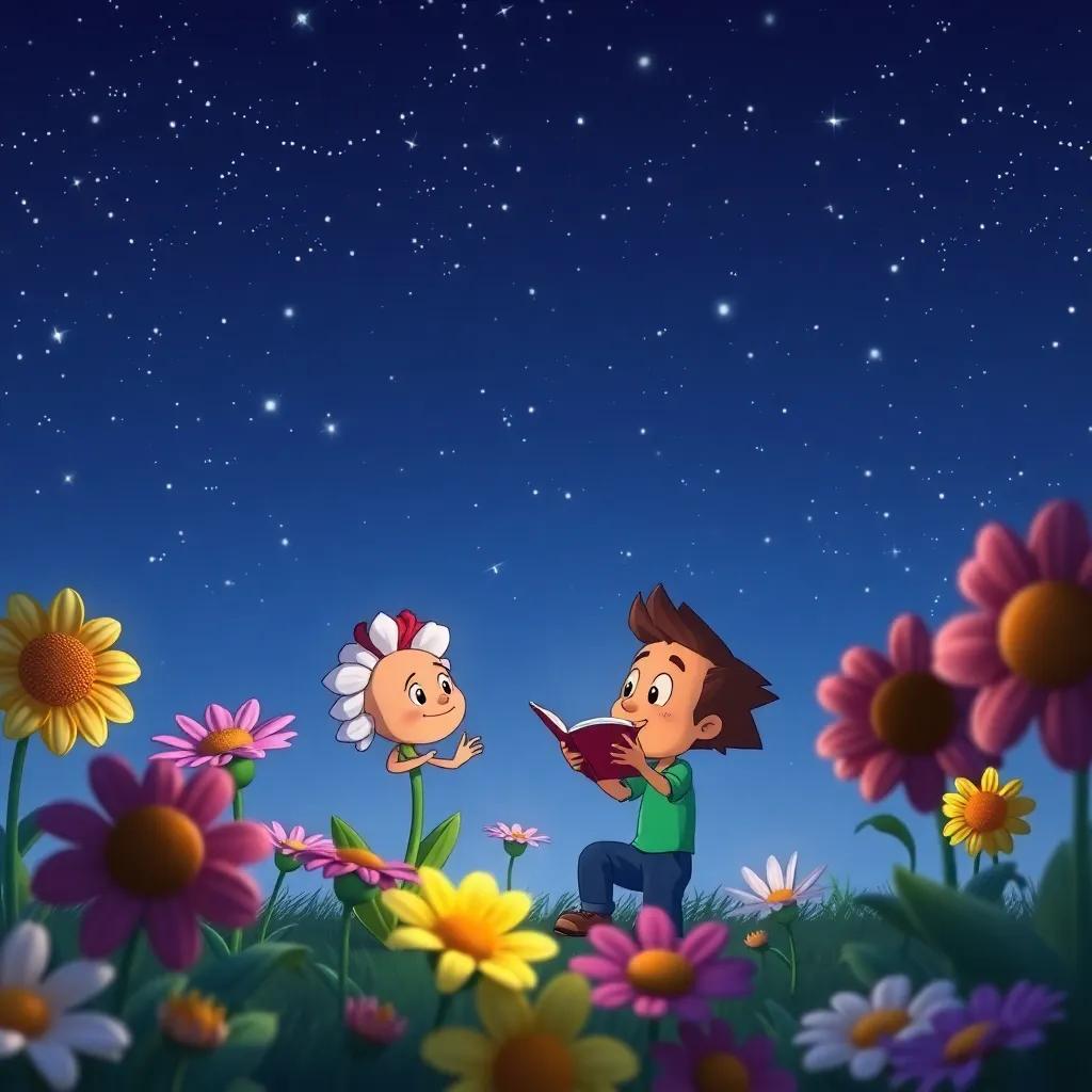 A group of flowers listening intently while Jake shares his adventure story, all under the twinkling stars in the evening sky, magical and heartwarming, colorful, inviting