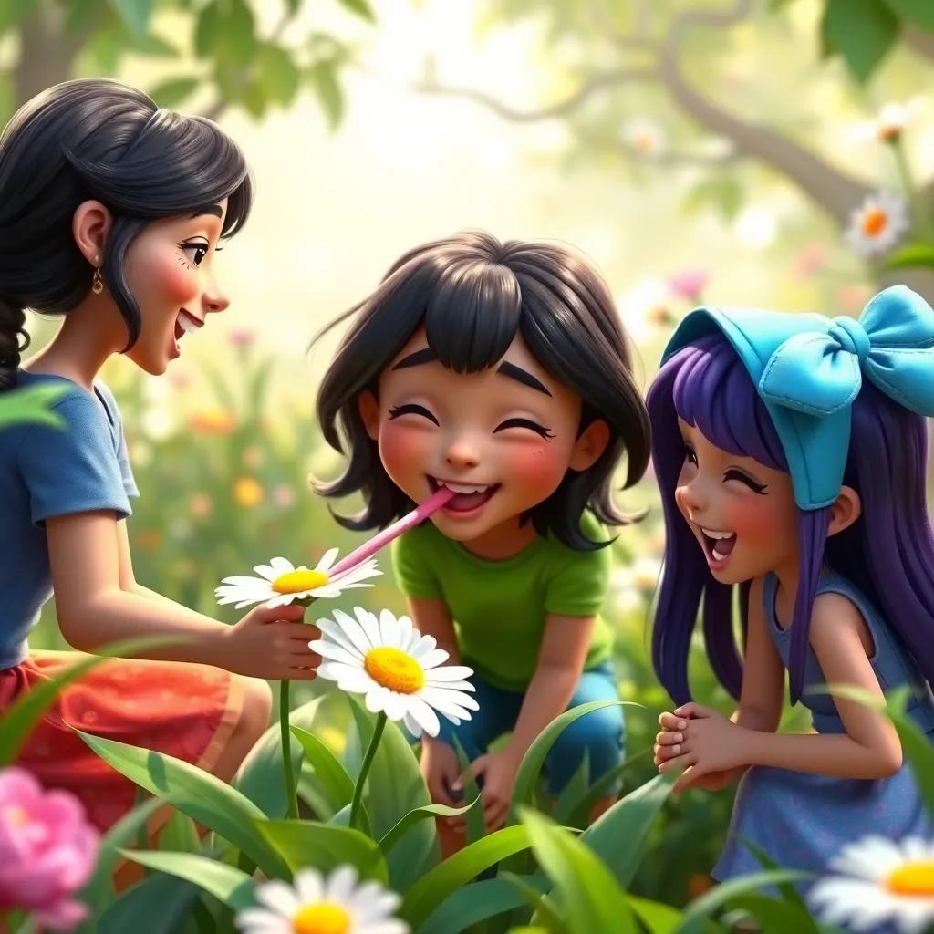 Three friends, Mia, Sam, and Lily, exploring the magical garden, Mia tickling a daisy with a long tongue, laughter surrounding them, fun and playful atmosphere, high quality