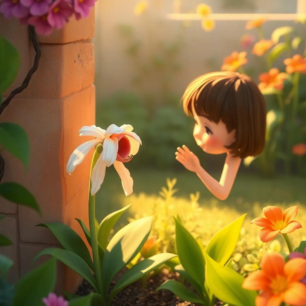 A shy flower with droopy petals in a corner of the garden, Mia gently tickling it, the flower starting to giggle, soft colors, warm light, heartwarming scene, high quality