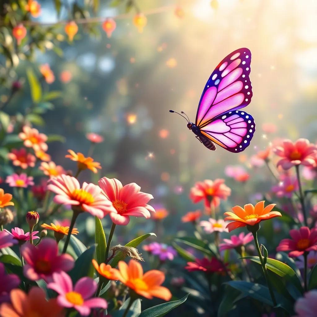 A wonderful celebration in the garden, flowers glowing with vibrant colors, sparkles floating in the air, a giant butterfly flitting by, joyful atmosphere, enchanting and magical, high quality