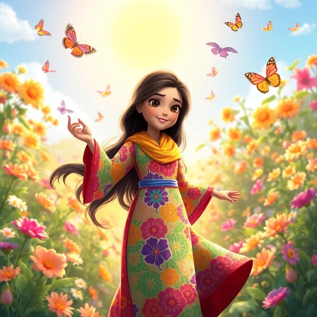 A young Arab girl, Noura, with long, dark hair, wearing a colorful abaya, dancing in a magical garden filled with blooming flowers and butterflies, bright sun, vibrant colors, joyful atmosphere, detailed digital art, high quality