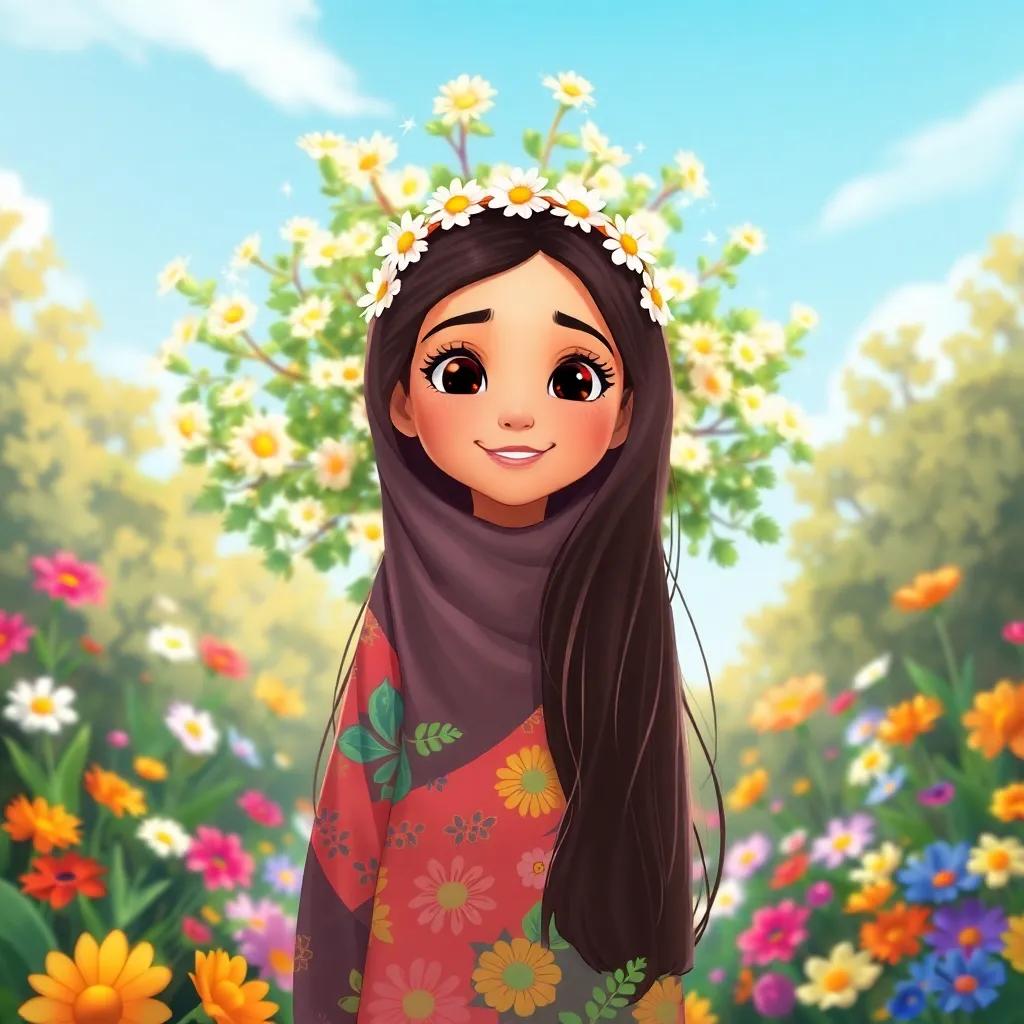 Noura, a young Arab girl, with long, dark hair, wearing a colorful abaya and a crown of daisies, standing in front of a sparkling tree in her garden, under a clear blue sky, colorful flowers around, cheerful mood, illustration, vivid