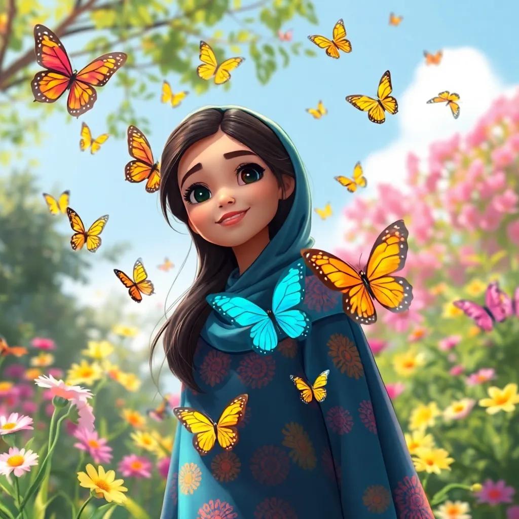 Butterflies fluttering around Noura, a young Arab girl with long, dark hair in a colorful abaya, with many colors on their wings, in a sunny lush garden, capturing the essence of spring, delightful scene, happy illustration