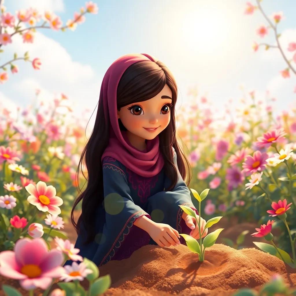 Noura, a young Arab girl with long, dark hair in a colorful abaya, planting a shiny seed in a beautiful garden, surrounded by blooming flowers and bright sunshine, magical atmosphere, rich colors, storytelling illustration
