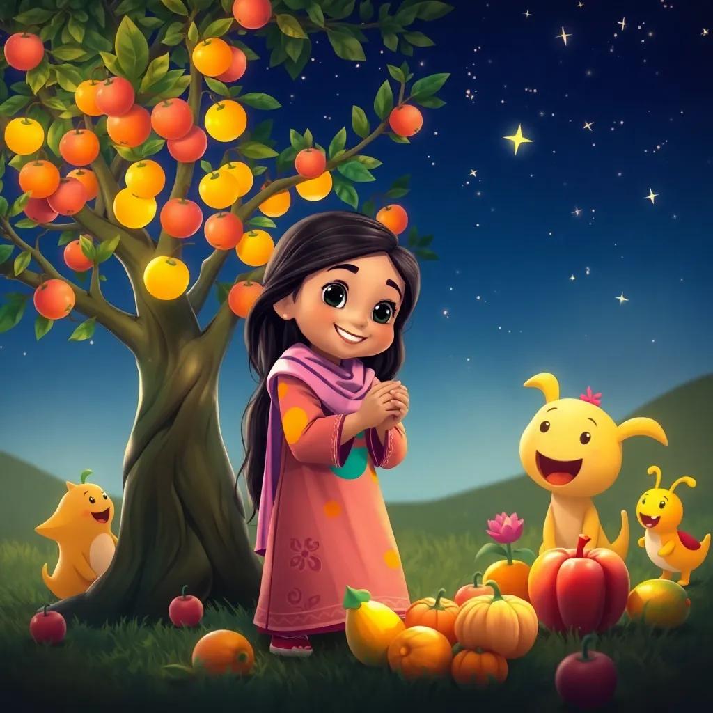 Noura, a young Arab girl with long, dark hair wearing a colorful abaya, gathering colorful fruits from a magical tree, with joyful friends around, under a starry night sky, warm and inviting, heartwarming scene