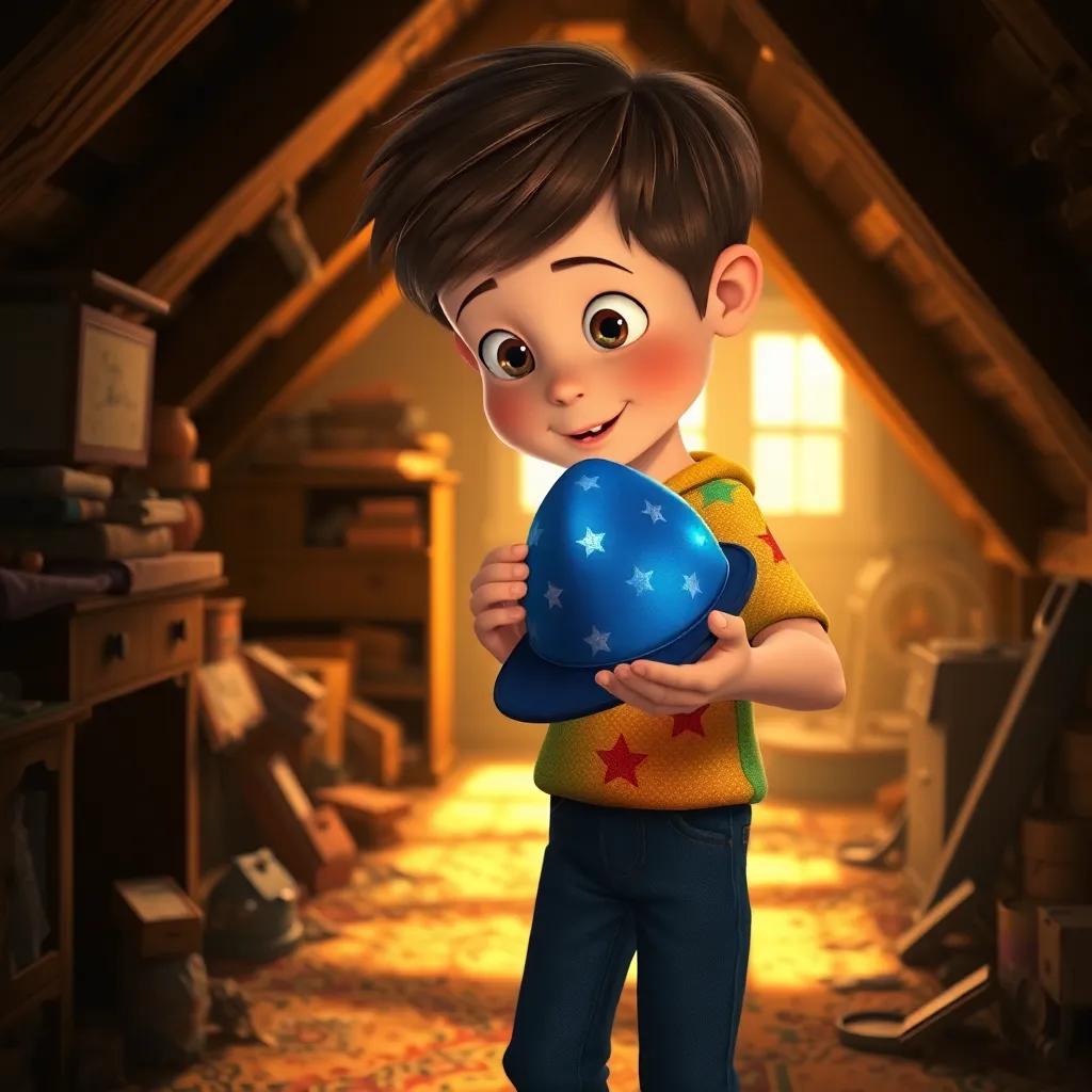 A young boy, Harry, with short brown hair wearing a colorful shirt and jeans, discovering a shiny blue hat with stars in a dusty attic, warm sunlight, cozy, nostalgic atmosphere, detailed, inviting
