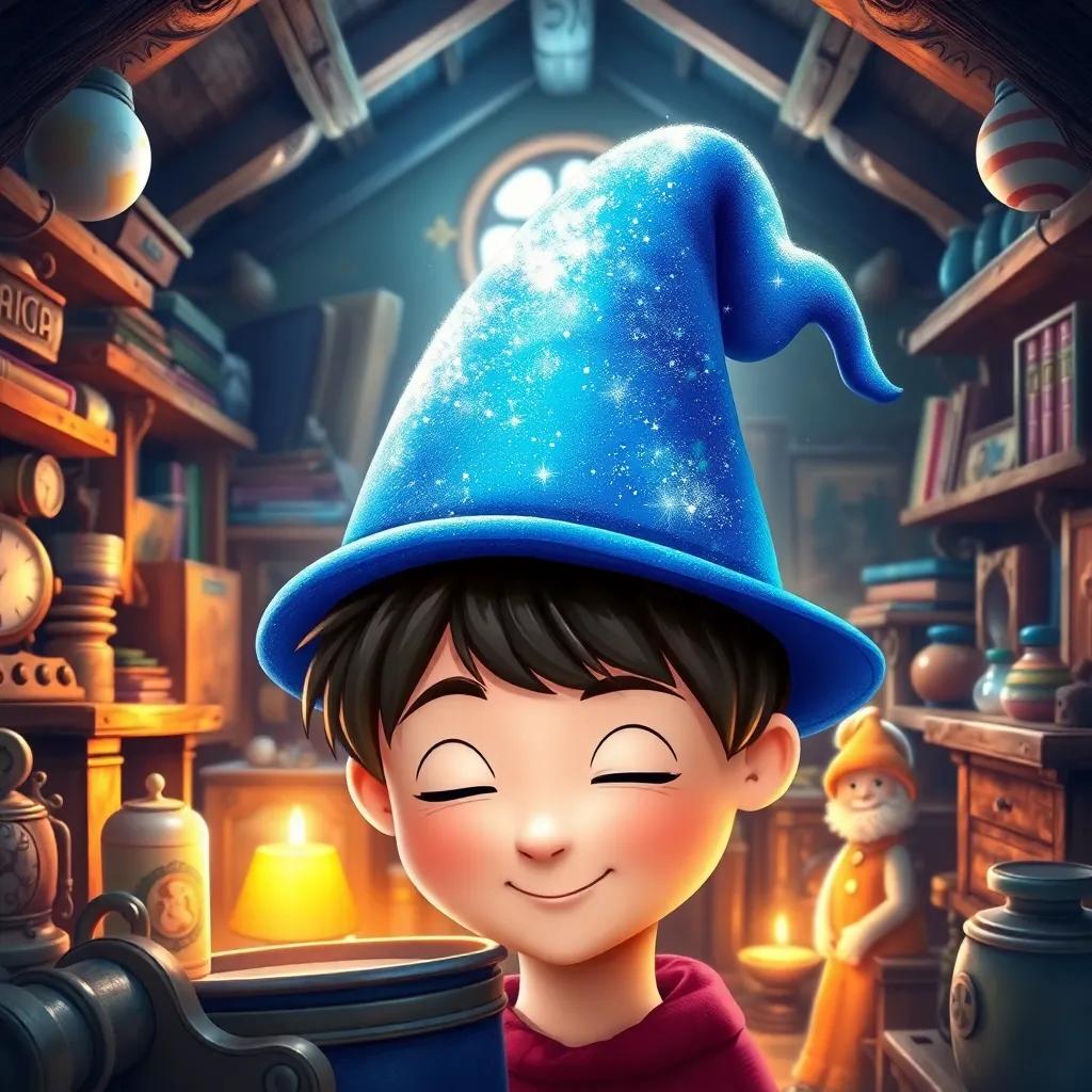 A bright blue hat with glitter and stars sparkling while resting on Harry's head, in the attic full of lovely vintage items, magical essence, cheerful light, vibrant colors, enchanting