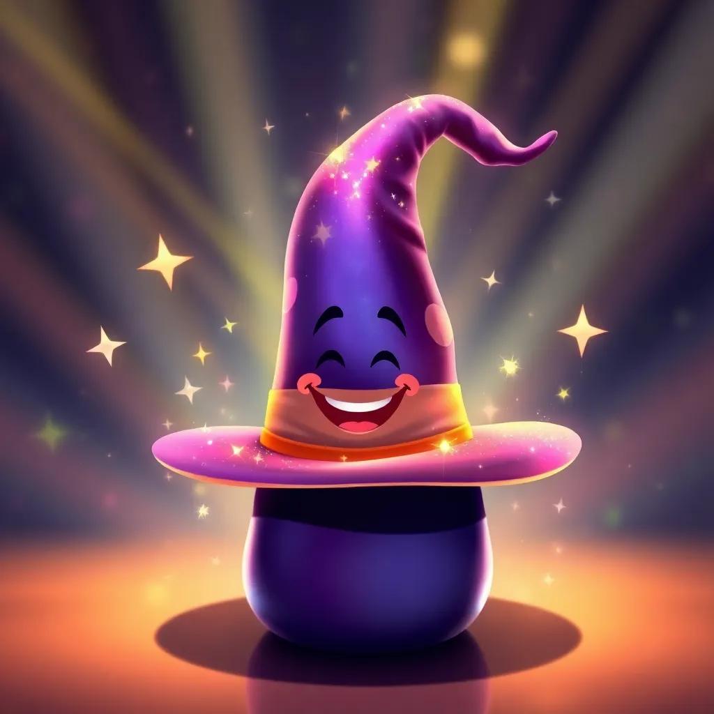 A magical hat wearing a smile, sparkling and twirling around while speaking happily to Harry, surrounded by colorful beams of light, whimsical art, joyful atmosphere, vibrant