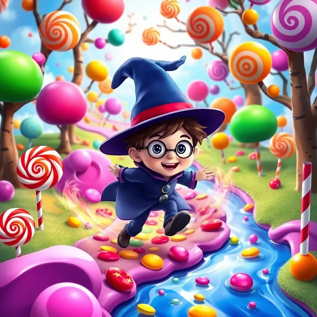 Harry and the magical hat swirling through a colorful Candyland, with lollipops for trees and chocolate rivers, bright and vivid colors, playful and fun, high quality