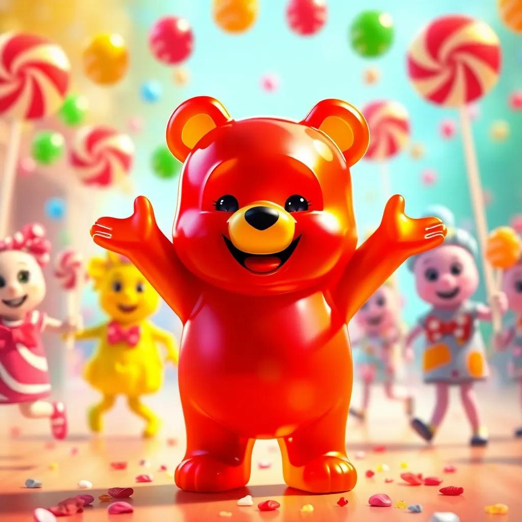 A friendly gummy bear inviting Harry to join the Candy Parade, colorful candy characters dancing in joy, cheerful mood, delicious details, bright and inviting