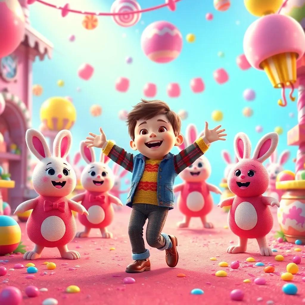 Harry dancing happily with candy characters like chocolate bunnies and marshmallow friends in Candyland, vibrant and lively, festive atmosphere, colorful