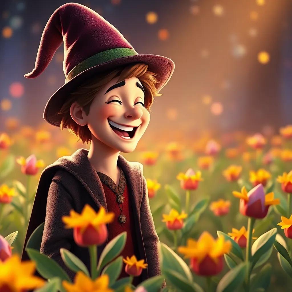 Harry laughing with the magical hat, as it whispers to him in a field filled with candy plants, whimsical and enchanting, bright, warm light