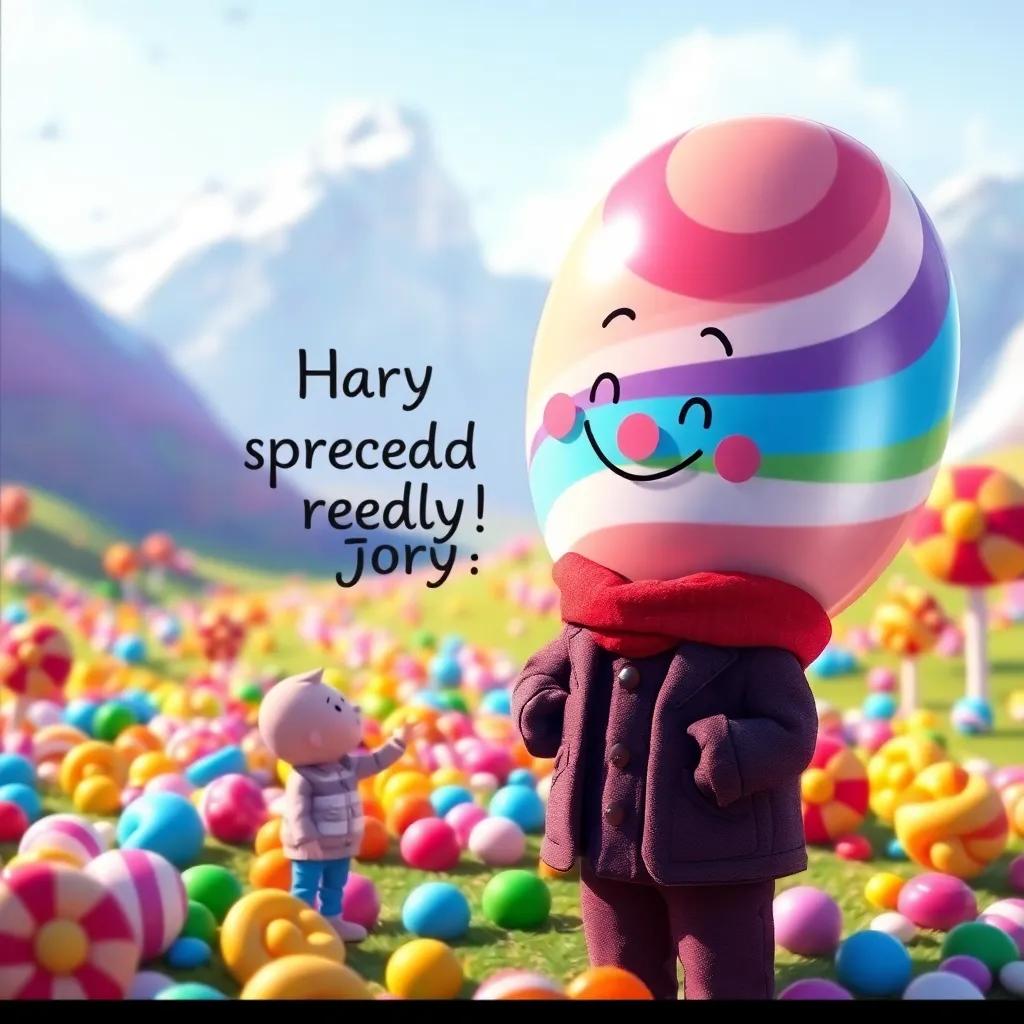 A giant gumdrop thanking Harry for spreading joy, colorful candy landscape in the background, heartwarming moment, cheerful and bright, inviting and friendly