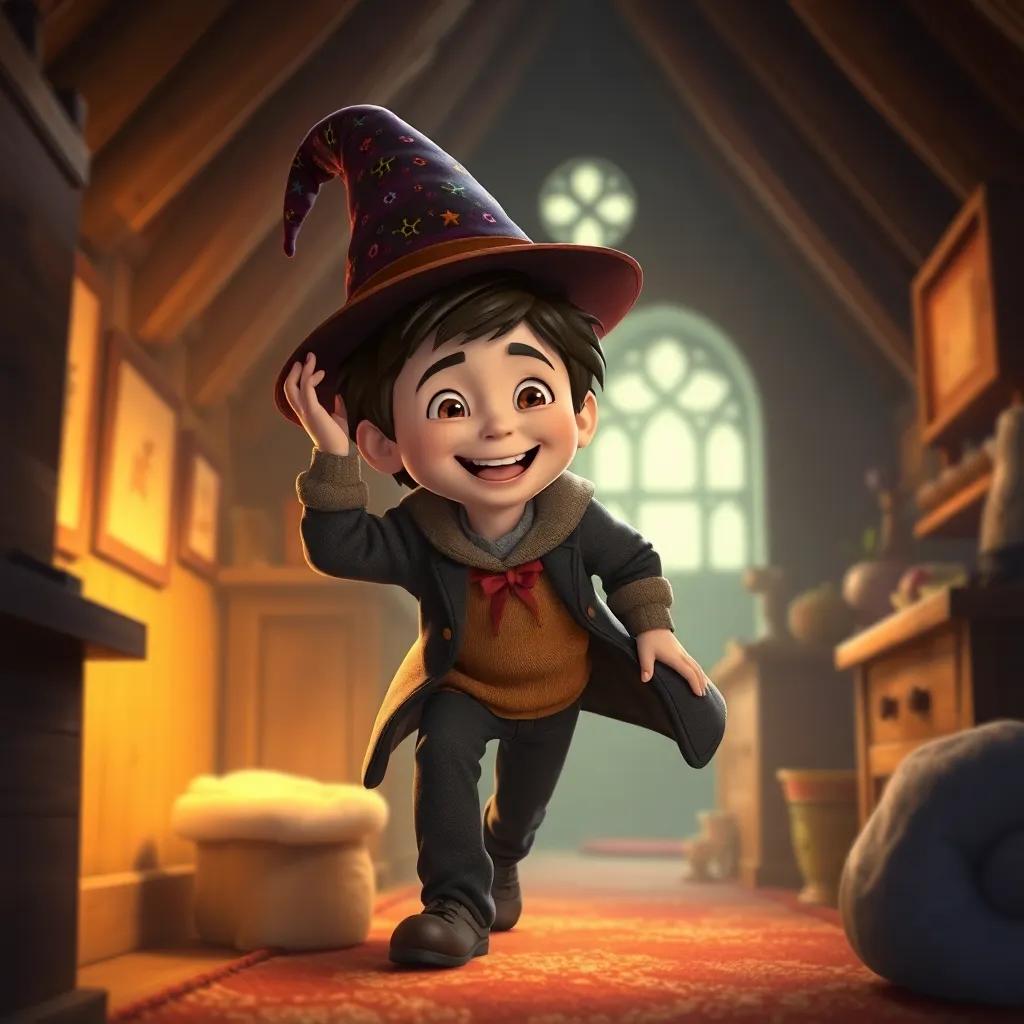 Harry returning to the attic with the magical hat, a sense of joy in his expression, warm light, nostalgic and cozy, storytelling view, heartwarming