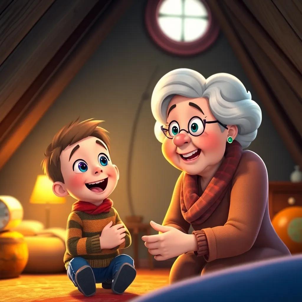 Harry, excitedly telling his grandma about the fun adventure in Candyland, animated expressions, cozy attic with warm light, inviting atmosphere, high quality