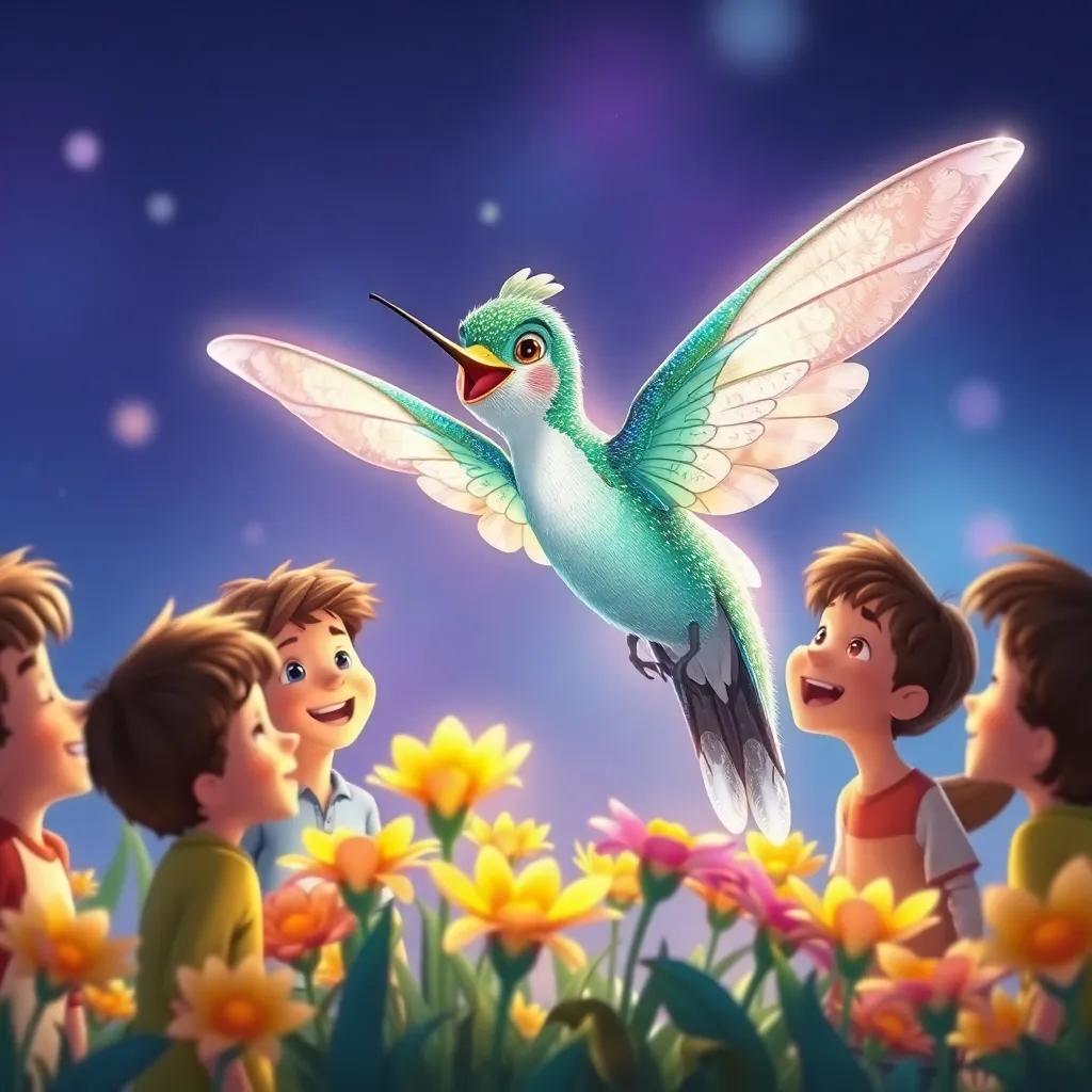 Zephyr, the magical hummingbird with shimmering wings, smiling as he speaks to a group of excited children, surrounded by flowers, detailed illustration, joyous interaction, bright colors, engaging perspective, high quality