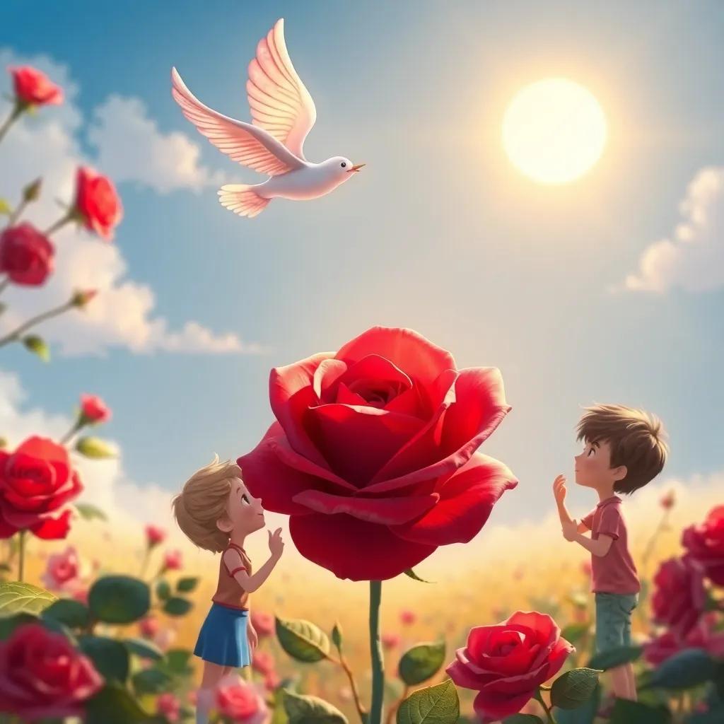 Zephyr flying above a beautiful red rose, children playfully sniffing the roses nearby, the sun shining brightly, whimsical style, warm colors, lively scene, storytelling view, high quality