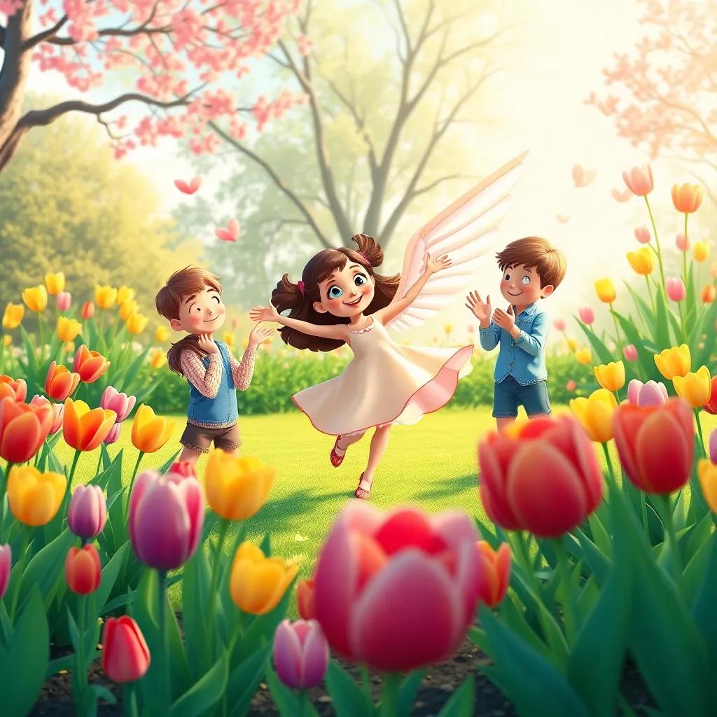 Zephyr dancing around colorful tulips while children clap hands in delight, the garden looking vibrant and lively, cheerful illustration, bright colors, heartwarming atmosphere, high quality