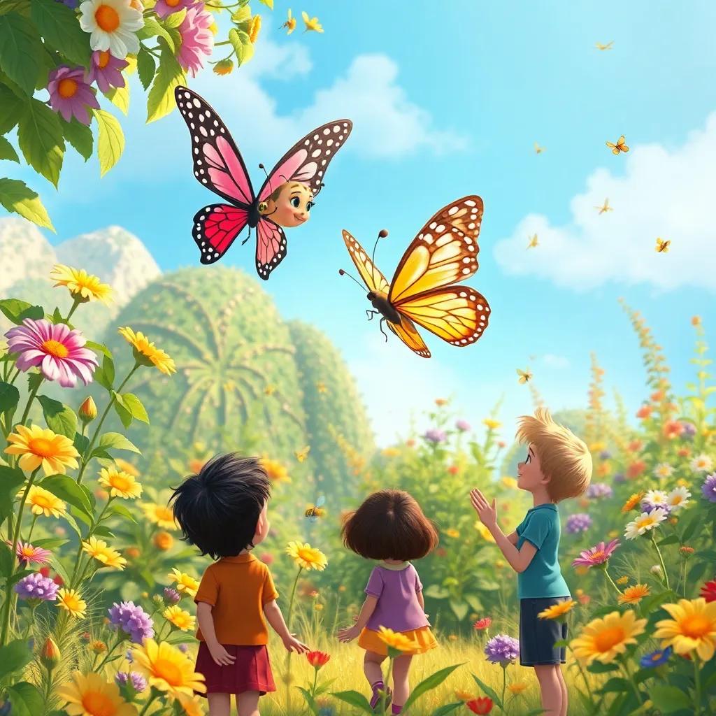 Bella the Butterfly flying gracefully around Zephyr, with children watching in awe, the garden buzzing with life, detailed illustration, bright colors, engaging scene, high quality