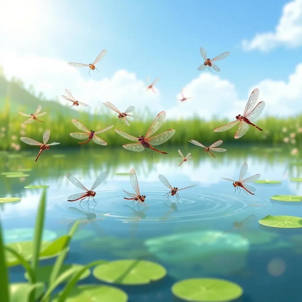 A group of dragonflies zipping over a serene pond while Zephyr teaches the children about them, soft sunlight shining, playful atmosphere, whimsical art, high quality