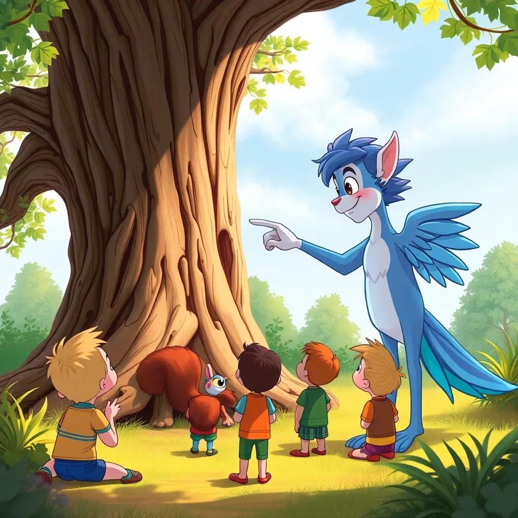 Zephyr pointing at an old tree with squirrels and a bird, children gathered around, listening intently, warm and inviting environment, detailed illustration, bright colors, family-friendly scene, high quality